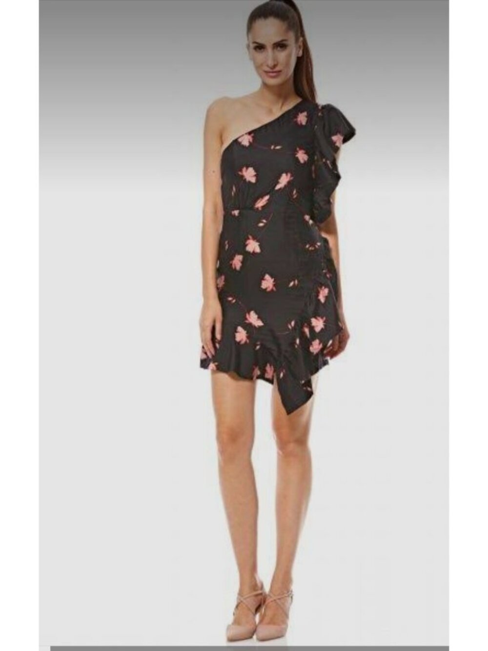 Bardot A-Line One Shoulder Floral Mini Silky Cascading Cocktail Mini Dress, 8